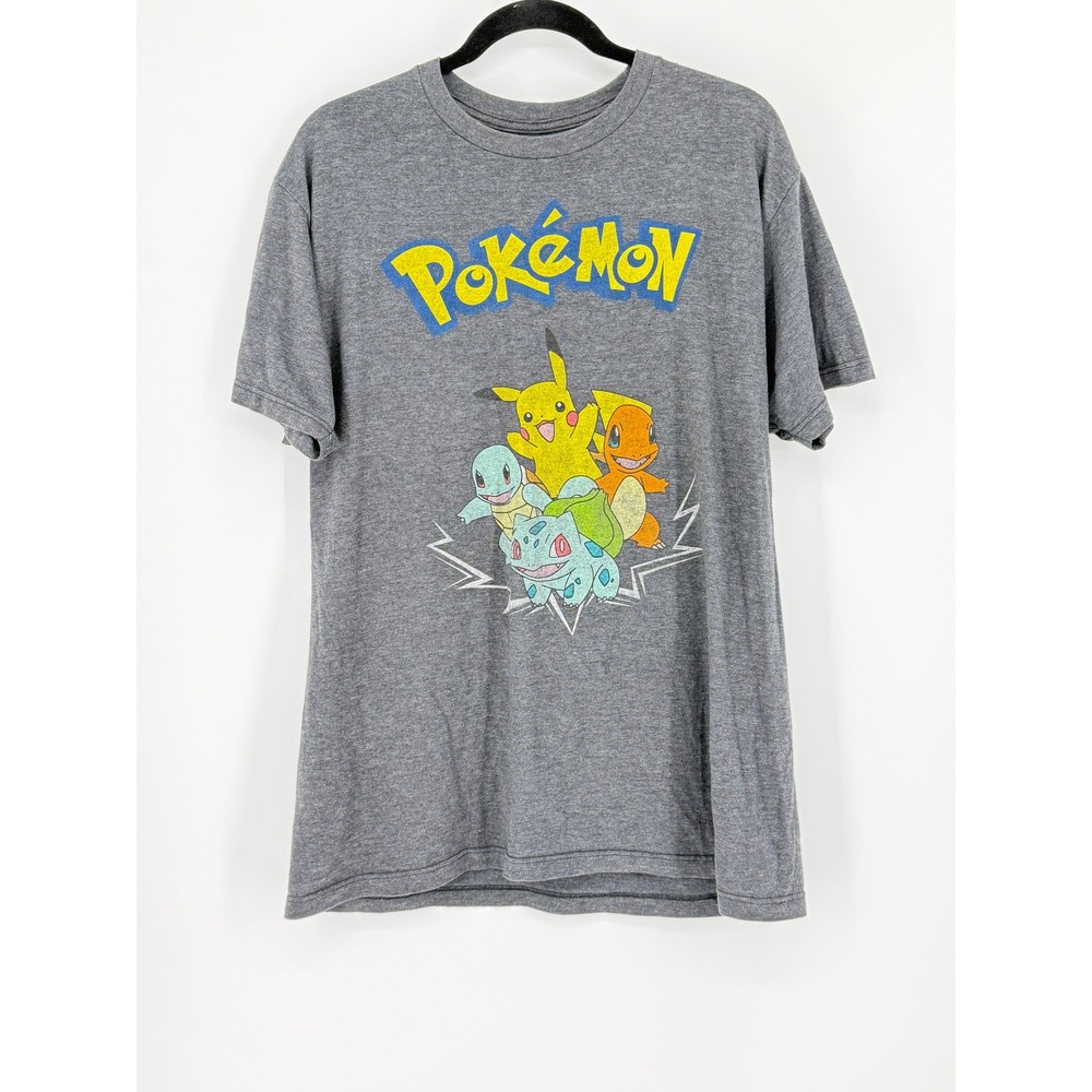 Pokemon Mens Large y2k Grey Graphic T-Shirt Pikachu Charmander Bulbasaur 733